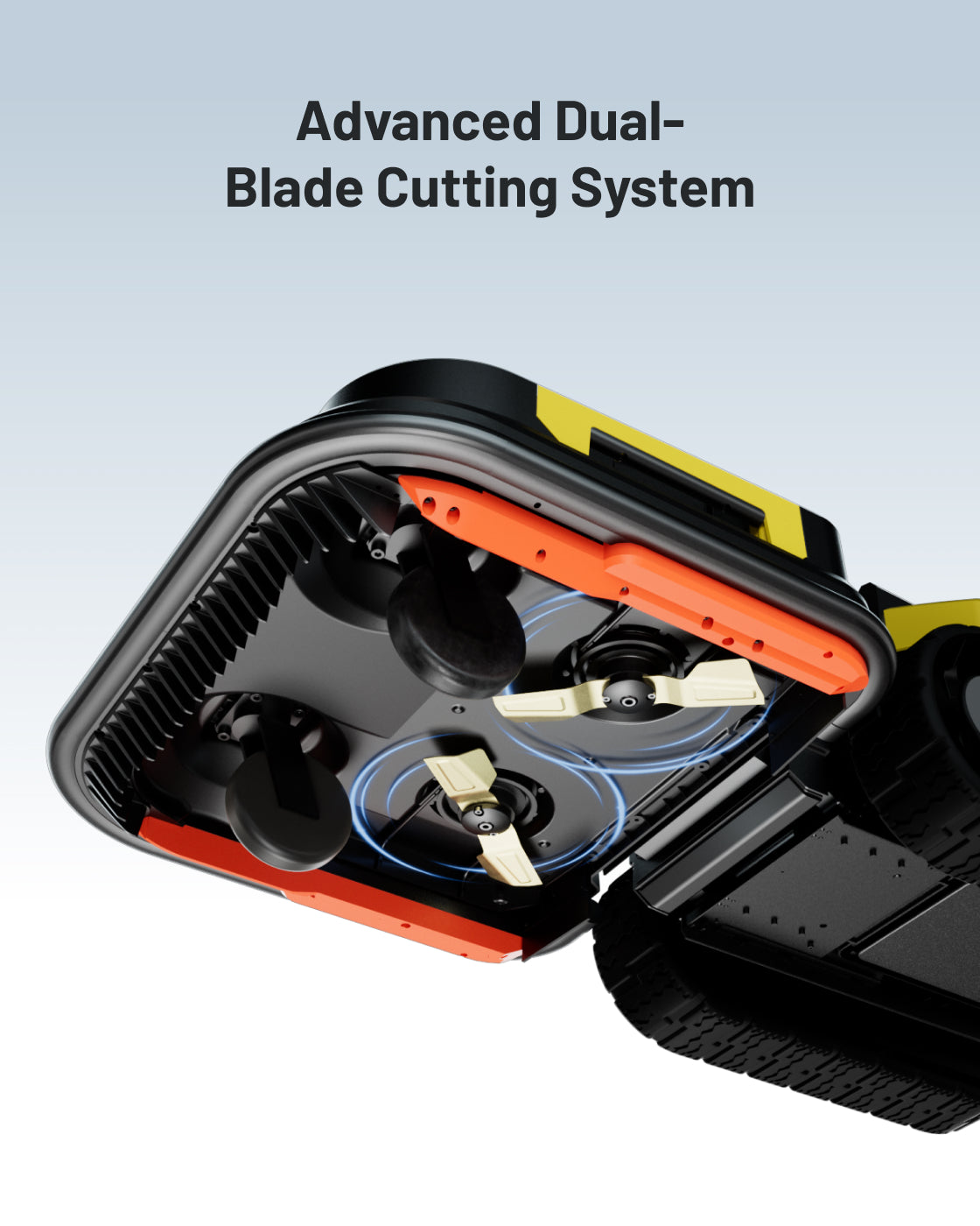 Black and orange lawn mower pro module with dual-blade cutting system, side view showing internal blades and textured housing