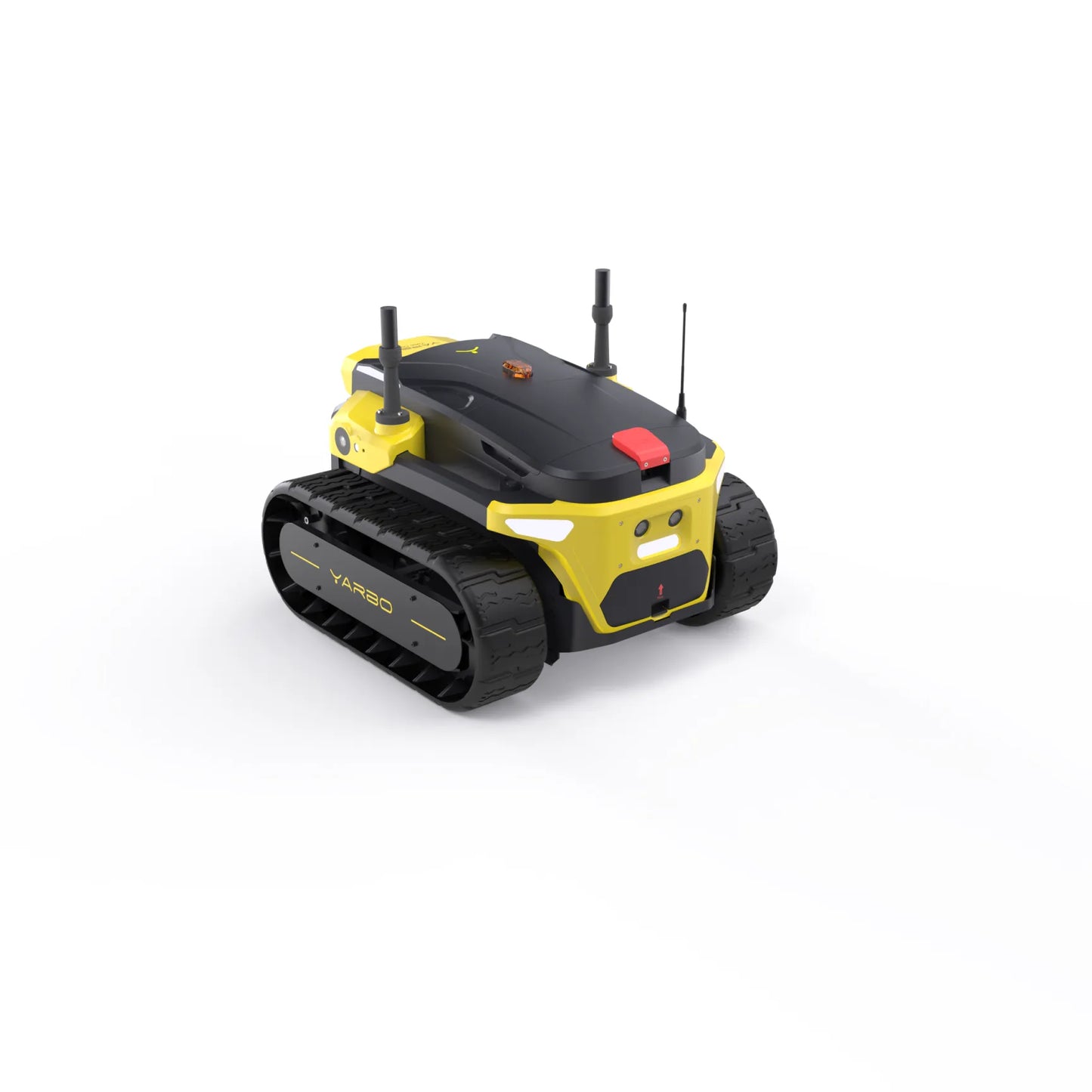 Black and yellow tracked robot with antennas and red button, by Yarbo, shown in three-quarter view on white background