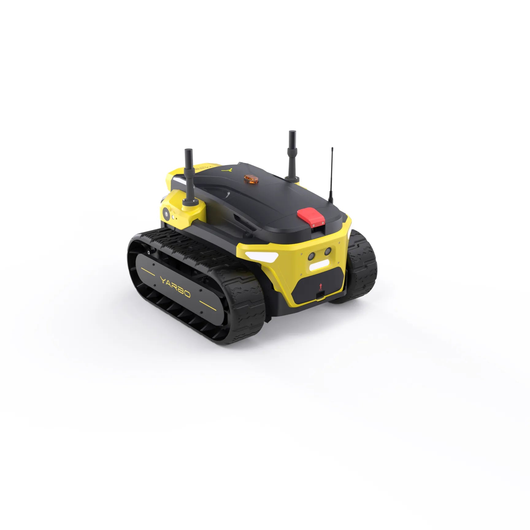 Black and yellow tracked robot with antennas and red button, by Yarbo, shown in three-quarter view on white background